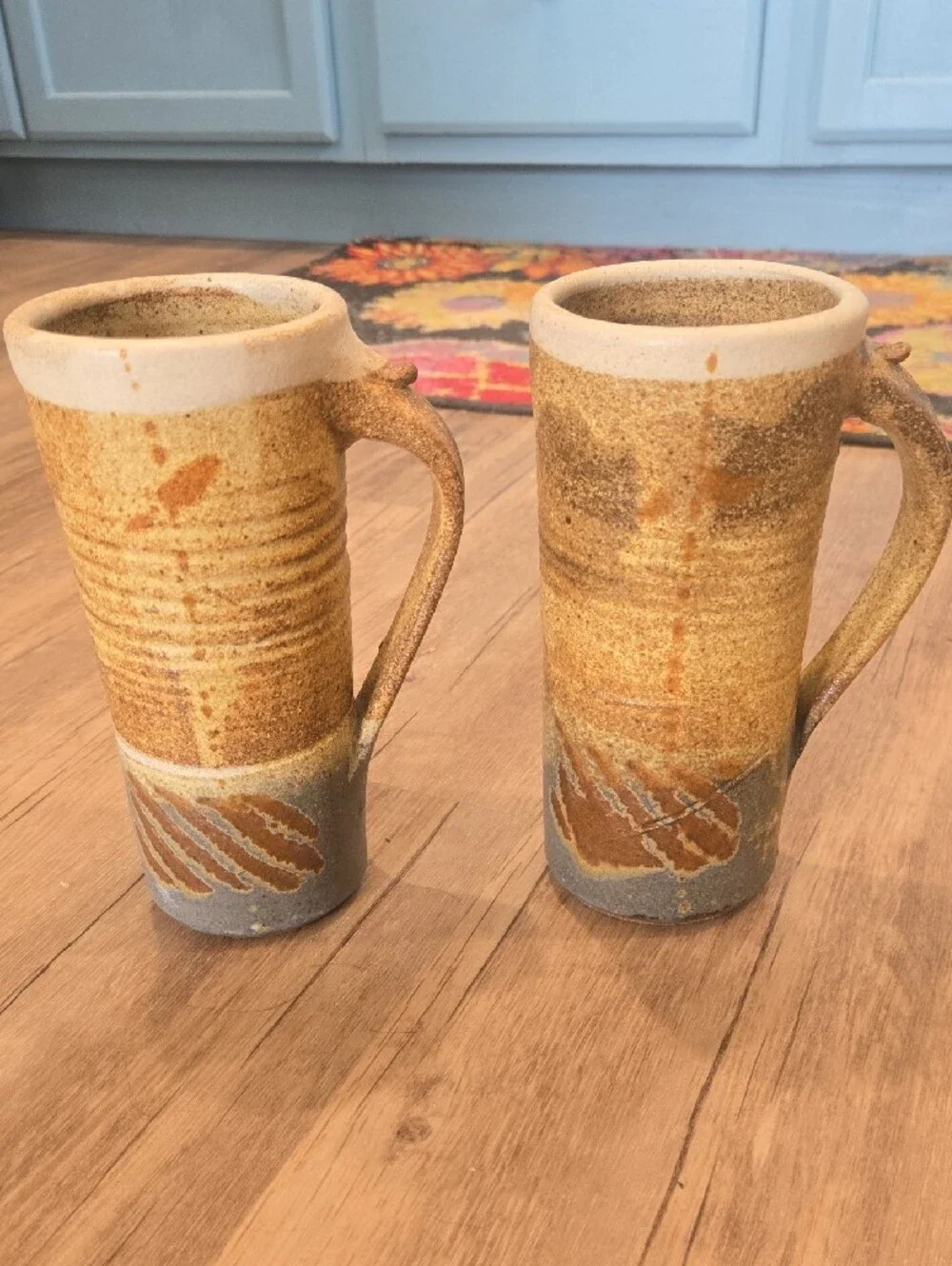 Handmade Stoneware Tall Mugs in Golden Brown and Gray (Set of 2)